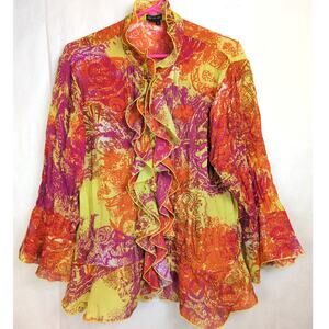 Vintage Piano ruffle front bell sleeve button up top Size XL Artsy Boho Hippie